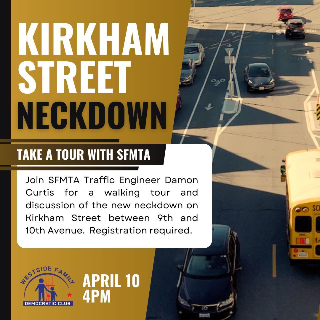 Is the new Kirkham Street neckdown working? Come see for yourself! Join SFMTA Traffic Engineer Damon Curtis to observe how the neckdown influences driver behavior on site and discuss the trade-offs and principles of traffic calming. Register here: lu.ma/0d46ipky