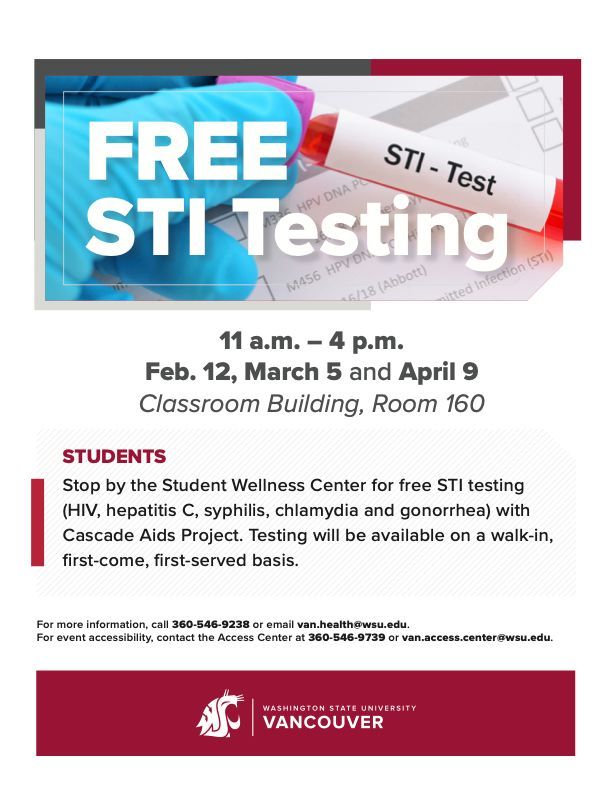 ✅ FREE STI Testing for students!
🗓️ April 9 | ⏰ 11 AM–4 PM
📍 Classroom Building, Room 160
💉 Includes HIV, Hep C, syphilis, chlamydia, &amp; gonorrhea.
🚶 Walk-in only, first-come, first-served!

#WSUV #STIAwareness #StudentHealth #FreeTesting