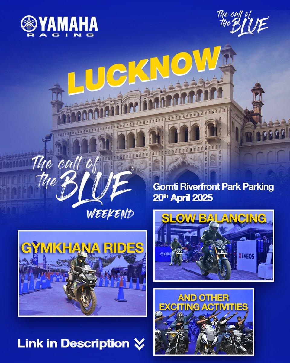 India_Yamaha's tweet photo. Get set for an exhilarating weekend in Lucknow!
Don't miss out on registering for the Call of the Blue Weekend at Gomti Riverfront Park on April 20th. Click the link in our bio to register.

Register Now : https://t.co/L5n0GC0JwC

#COTBWeekendLucknow2025 #thecalloftheblueweekend https://t.co/wRhCuWuGyP