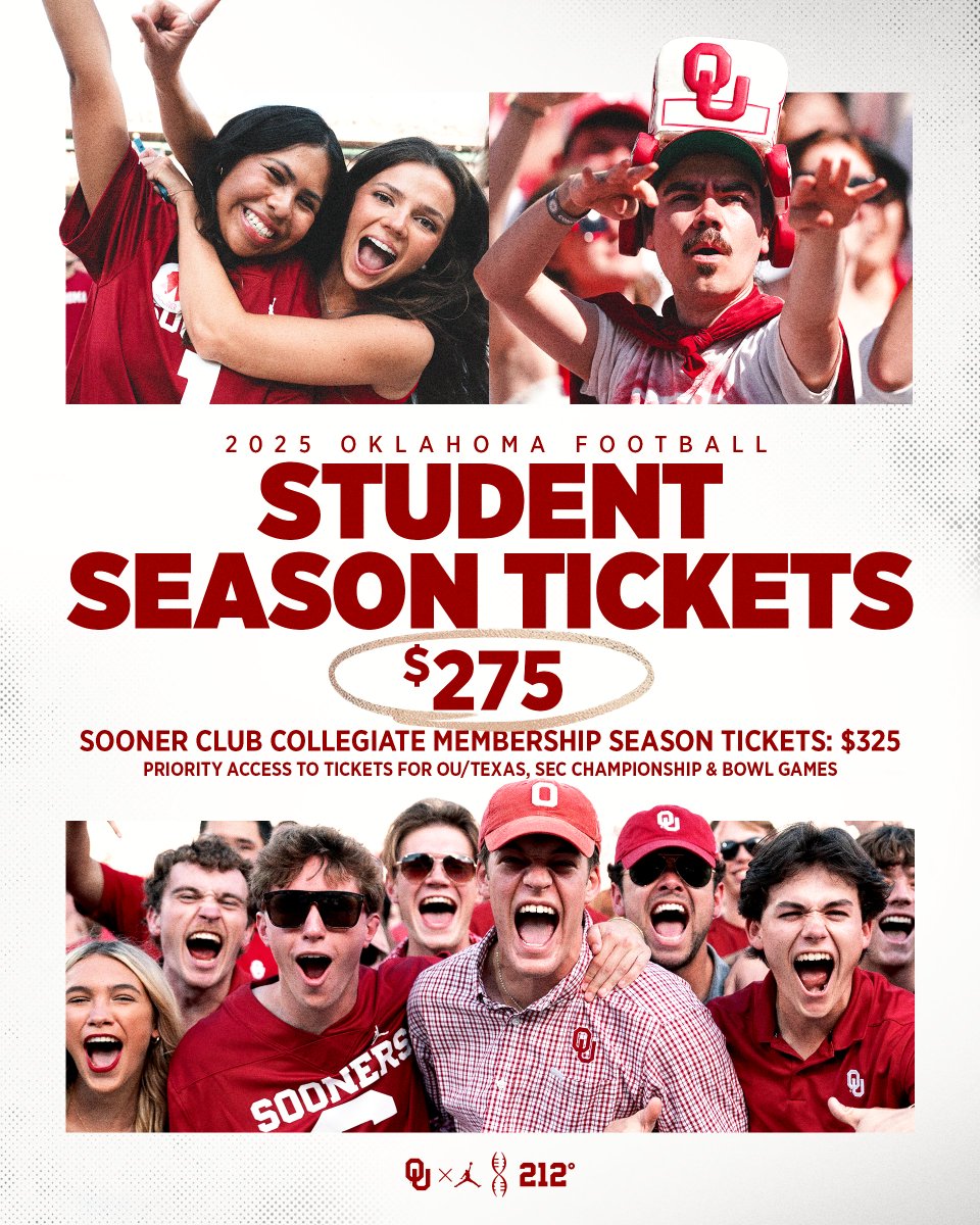 Oklahoma Sooners (@ou_athletics) on Twitter photo 🚨 Student tickets for the 2025 <a href="/OU_Football/">Oklahoma Football</a> season are on sale NOW for all returning <a href="/UofOklahoma/">University of Oklahoma</a> students!
🎟️ » SoonerSports.com/Students 🚨 Student tickets for the 2025 <a href="/OU_Football/">Oklahoma Football</a> season are on sale NOW for all returning <a href="/UofOklahoma/">University of Oklahoma</a> students!
🎟️ » SoonerSports.com/Students