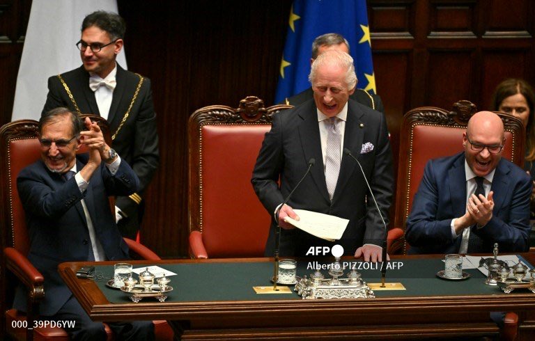 Britain's King Charles III delivers a speech at the Italian Parliament as part of a State visit in Italy