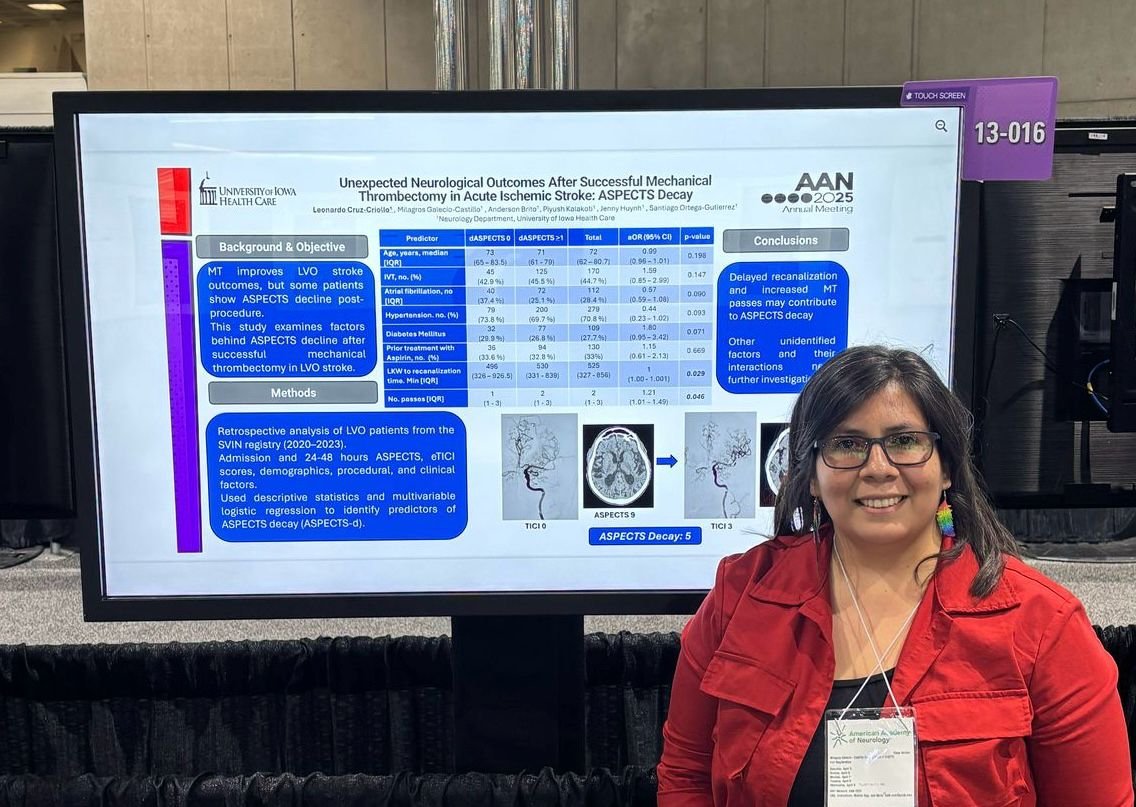 Cerebrovascular & Neurointerventional Lab (@cerebrovasclab) on Twitter photo Continuing this great week at #AAN2025, a very interesting e-poster on thrombectomy was presented, developed by our research fellow, <a href="/LeonardoCruz_C/">Leonardo Cruz-Criollo</a> :
"Unexpected Neurological Outcomes After Successful Mechanical Thrombectomy in Acute Ischemic Stroke: ASPECTS Decay."
The Continuing this great week at #AAN2025, a very interesting e-poster on thrombectomy was presented, developed by our research fellow, <a href="/LeonardoCruz_C/">Leonardo Cruz-Criollo</a> :
"Unexpected Neurological Outcomes After Successful Mechanical Thrombectomy in Acute Ischemic Stroke: ASPECTS Decay."
The