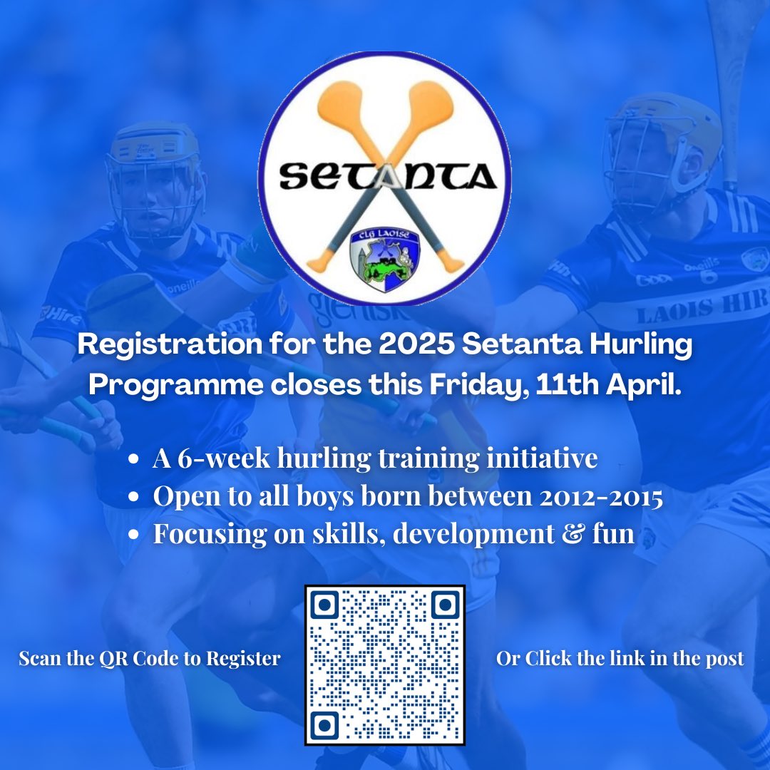 Setanta 2️⃣0️⃣2️⃣5️⃣

A 6-week hurling training initiative
Open to all boys born between 2012-2015
Focusing on skills, development &amp; fun
For further info &amp; to sign up, click below:

forms.office.com/e/hKzZcfmtR8

Closing date for applications for all age groups - 5pm Friday 11th April.