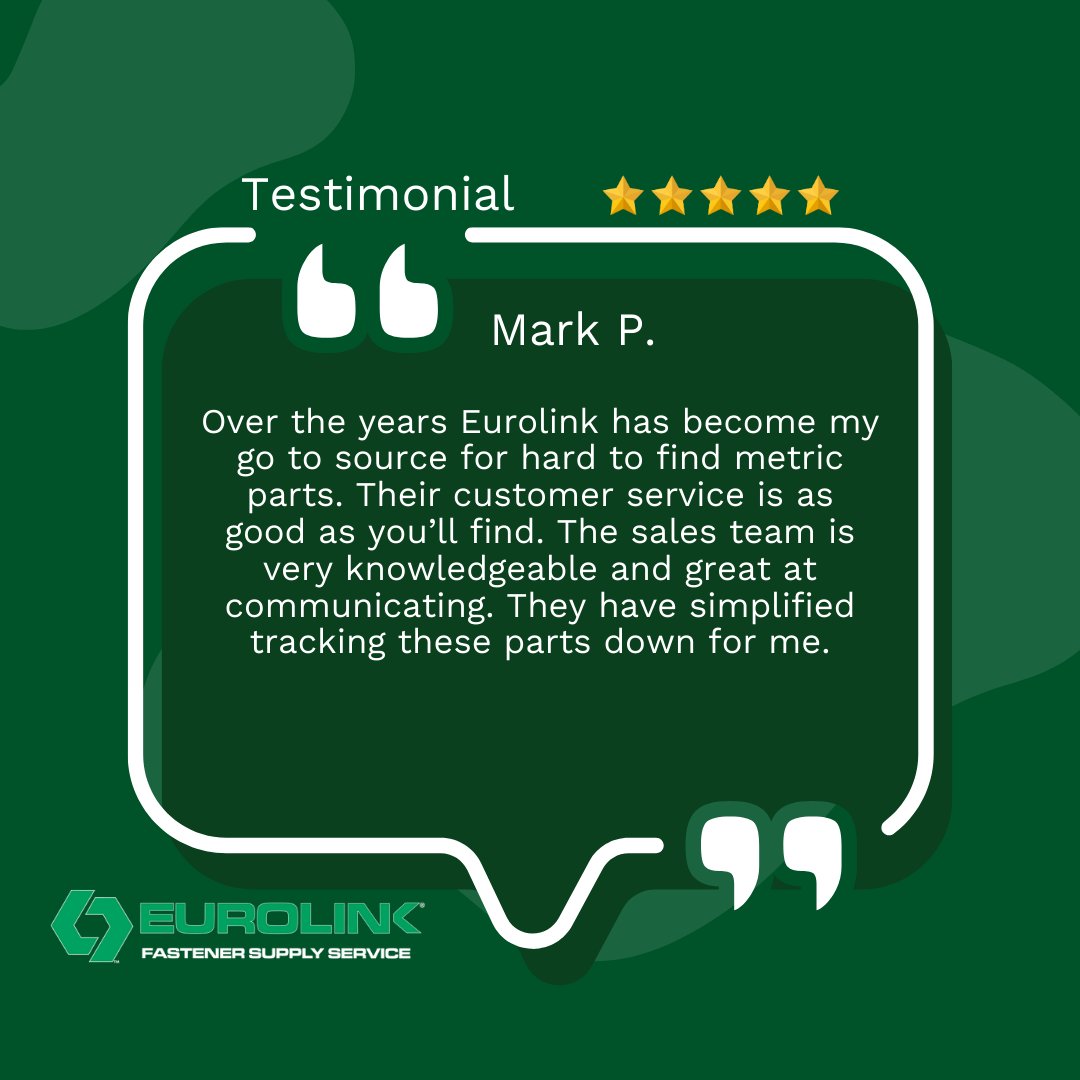 EurolinkFSS's tweet photo. Thanks, Mark! 🙌
At #Eurolink, we pride ourselves on being the go-to sourcing partner for all your hard-to-find metric fasteners. Our team goes above and beyond to accommodate your needs, offering unmatched expertise and resourcefulness. 🔩
#whatareyouinsearchof #fastener https://t.co/nn2PElt8tq