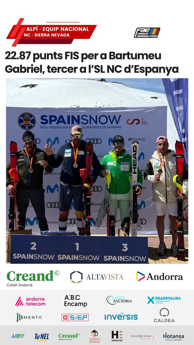 FAEAndorra's tweet photo. ALPÍ · 22.87 punts FIS per a @bartugabriel , 3⃣r🥉a l’eslàlom NC espanyol, i 23.00 per a #XavierCornella, que guanya 🏆🥇 la cursa FIS, amb #ÀlexRius segon 🥈, tot a @websierranevada 🇪🇸.

INFO ✅ https://t.co/PaVjdB3BAB https://t.co/vO1vdgwMV1
