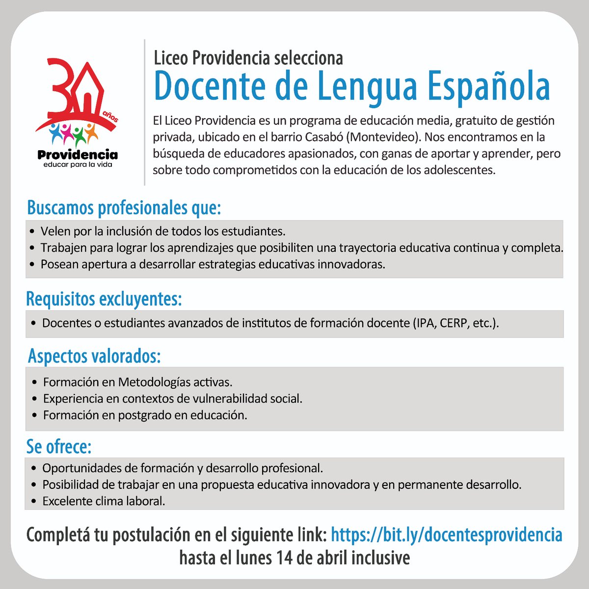 Desde el Liceo Providencia estamos buscando Docente de Lengua Española. ¿Nos ayudas a compartir? 
bit.ly/docentesprovid…