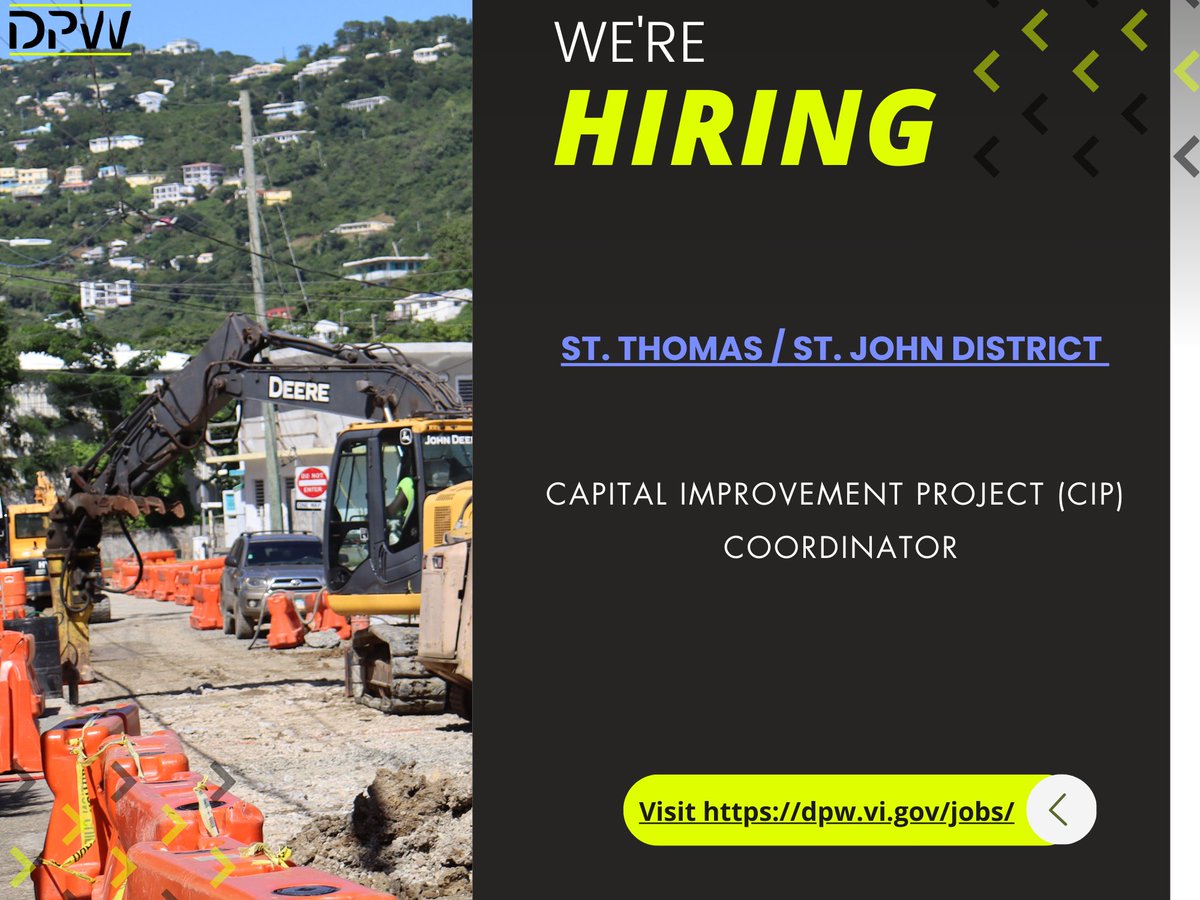 We're Hiring!

St. Thomas/ St. John District

Capital Improvement Project (CIP)
Coordinator

Visit dpw.vi.gov/jobs/ for more information.