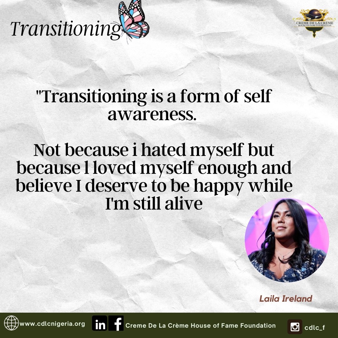 cdlc_foundation's tweet photo. “It’s not about hate — it’s about love.” 
Laila Ireland’s words remind us: transitioning is self-awareness, healing, and the courage to live truthfully. 

This is what choosing life looks like.

 #TransAwareness #TransJoy #LailaIreland #MentalHealthMatters #TransIsBeautiful https://t.co/C5NcFavpC0