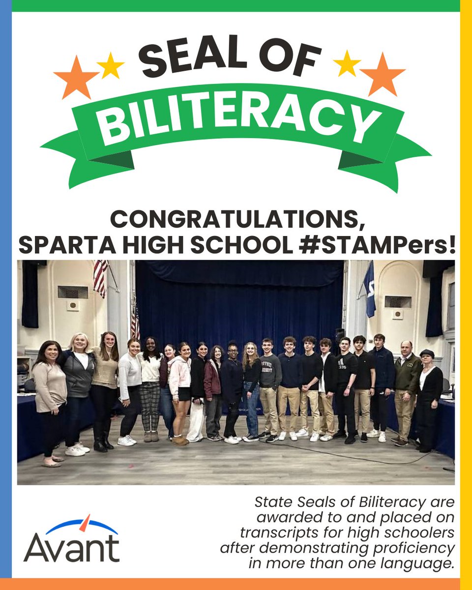 Avant Assessment (@avantassessment) on Twitter photo 🎉 Congratulations to the newest #STAMPers from Sparta High School! This year, 52 students earned the prestigious Seal of Biliteracy. 🌟
#AvantAssessment #StudentSuccess #Bilingual <a href="/spartahs_nj/">Sparta High School</a> 🎉 Congratulations to the newest #STAMPers from Sparta High School! This year, 52 students earned the prestigious Seal of Biliteracy. 🌟
#AvantAssessment #StudentSuccess #Bilingual <a href="/spartahs_nj/">Sparta High School</a>
