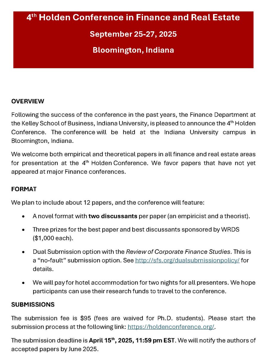 KleinerKristoph's tweet photo. Don't miss out on the financial news everyone is talking about: just a few days left to submit to the Holden Conference!
Please submit to: https://t.co/WjXHLett0U.
The submission deadline is April 15th. Details below: https://t.co/tMNOPCX2qM