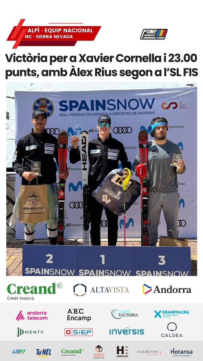 FAEAndorra's tweet photo. ALPÍ · 22.87 punts FIS per a @bartugabriel , 3⃣r🥉a l’eslàlom NC espanyol, i 23.00 per a #XavierCornella, que guanya 🏆🥇 la cursa FIS, amb #ÀlexRius segon 🥈, tot a @websierranevada 🇪🇸.

INFO ✅ https://t.co/PaVjdB3BAB https://t.co/vO1vdgwMV1