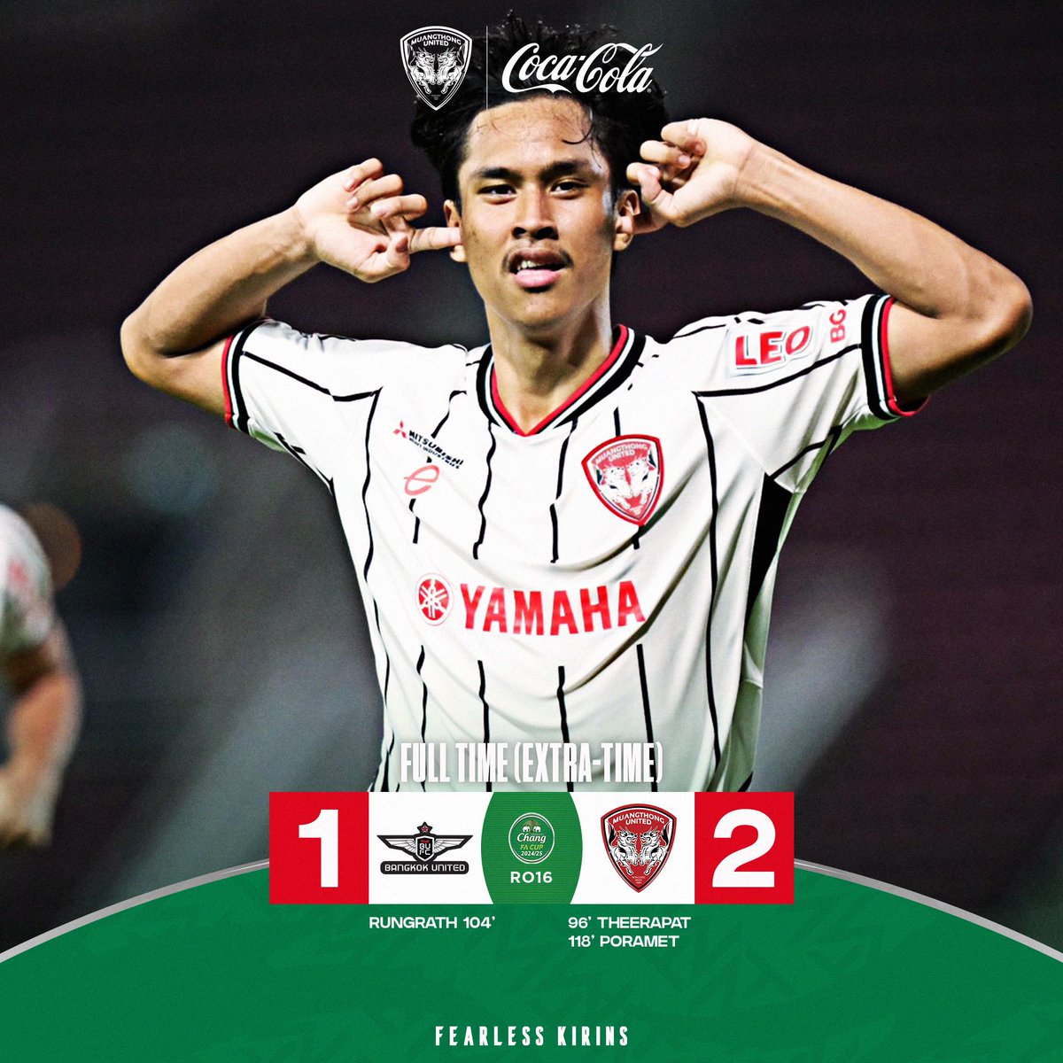 MuangthongUtd's tweet photo. WIN WIN WIN WIN WIN 🎉
🏆 FA Cup 2024-25 - Round of 16

🔴🔴 Bangkok United 1 - 2 MTUTD ⚪️⚪️ (Extra-Time)

Poramet's extra time goal put the Kirin into the Quarter Finals!

👉Like and follow
@MuangthongUtd

#MTUTD
#บอลไทย https://t.co/fbyfgw59hV