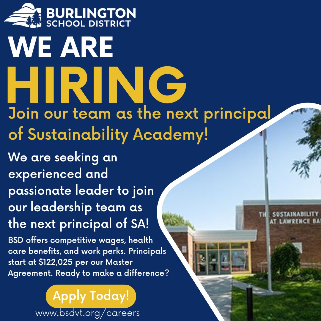JOB ALERT! BSD has an open principal position at #Sustainability Academy, with a July 1 start date! If you know someone who would be a great fit, ask them to apply by Friday. We appreciate your support in this important search! #bsdvt #vted #vtjobs  bsdvt.schoolspring.com/?jobid=4968546
