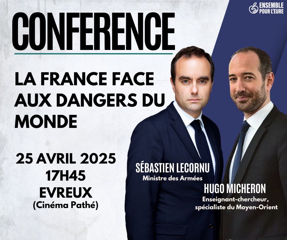 Conférence exceptionnelle de <a href="/SebLecornu/">Sébastien Lecornu</a> sur le thème "La France face au monde", en présence de <a href="/MicheronH/">Hugo Micheron</a>, enseignant-chercheur spécialiste du Moyen-Orient.

Rendez vous le vendredi 25 avril à 17h45 au cinéma Pathé d'Evreux. 

Inscription obligatoire : urlr.me/paxnqj