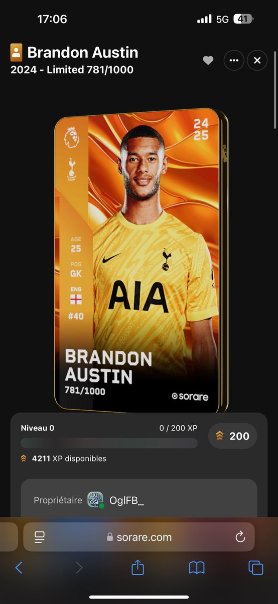 GIVEAWAY 🎁 Sorare 

 Brandon Austin est à gagner !! 🏴󠁧󠁢󠁥󠁮󠁧󠁿
TAS le Samedi 12 avril 2025  !!⏳
Pour participer :

✅ follow me 
✅ Retweet et like le post
✅ Commente ton nom Sorare 

Bonne chance 🍀 à tous ! #Concours #Sorare #Giveaway #Limited #soraregiveaway