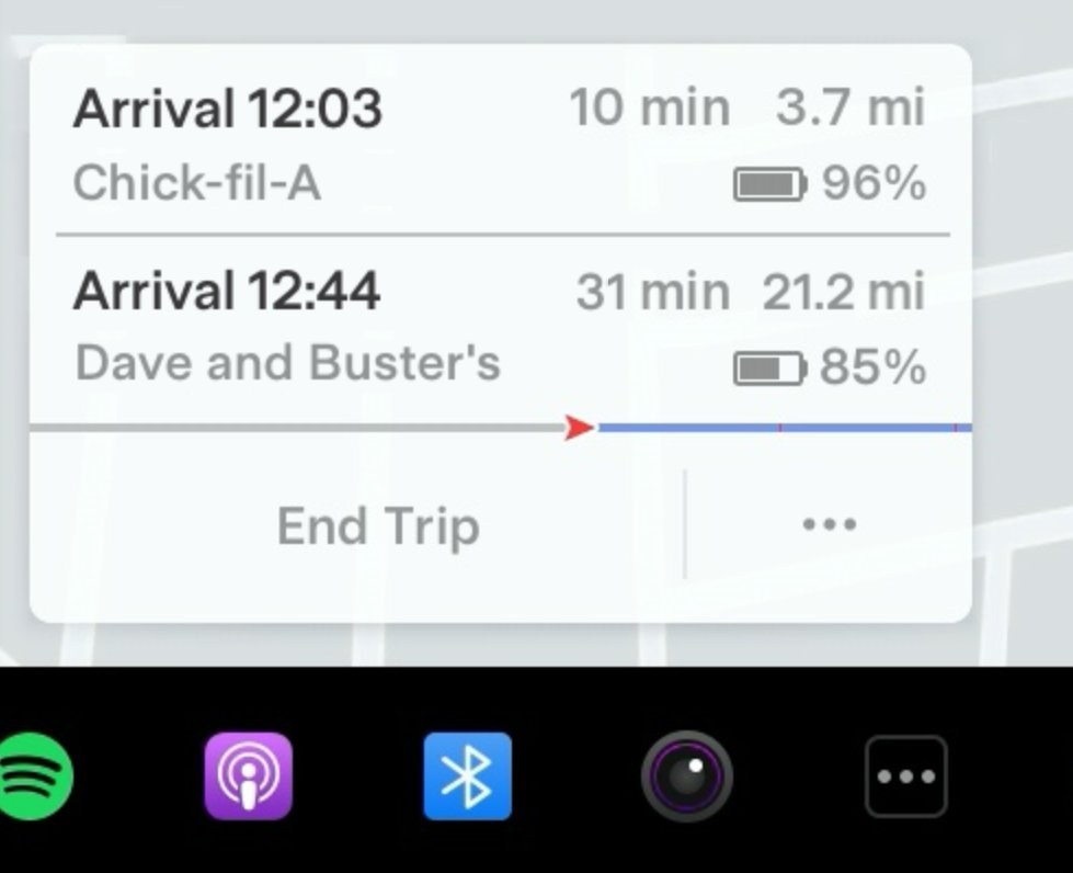 NotATeslaApp's tweet photo. Feature request: When entering multiple destinations into the nav, the trip module show the various destinations with ETA and battery for each one.

Who else would like to see this? @elonmusk @MdeZegher https://t.co/J6eYscOfnw