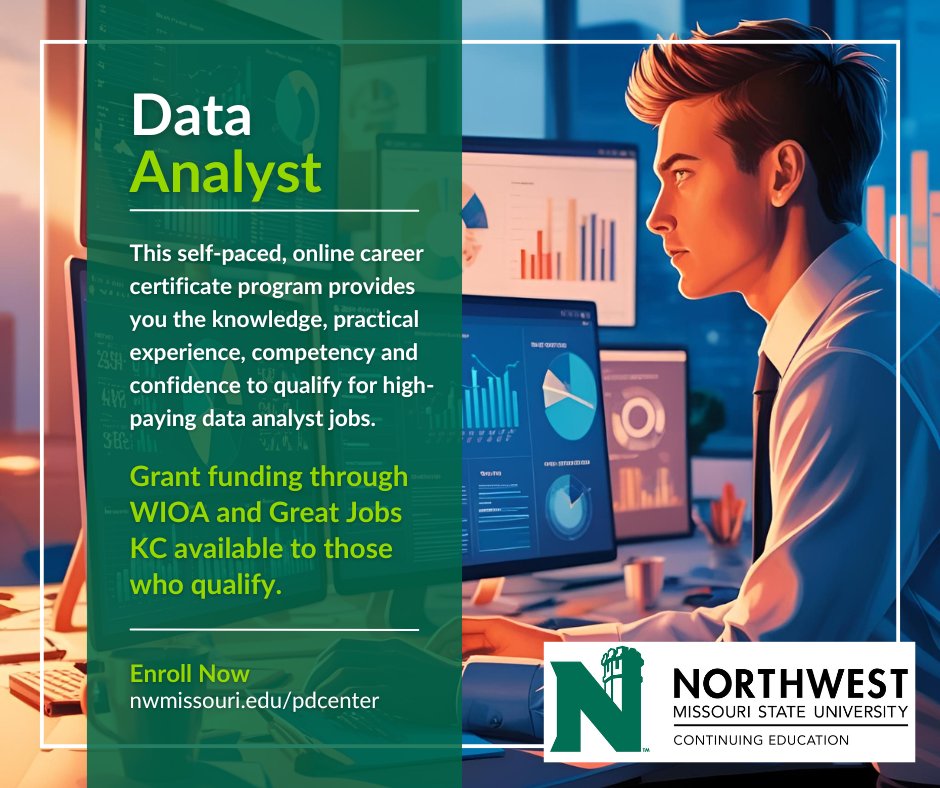 Northwest-KC (@nwmostate_kc) on Twitter photo Enroll now in our online Data Analyst career certificate training!  Funding may be available for those who qualify through Great Jobs KC and WIOA.  bit.ly/3QjRxqa Enroll now in our online Data Analyst career certificate training!  Funding may be available for those who qualify through Great Jobs KC and WIOA.  bit.ly/3QjRxqa