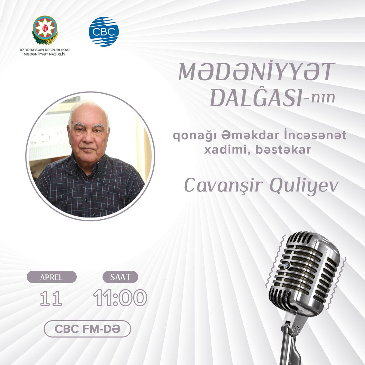culture_gov_az's tweet photo. “Mədəniyyət Dalğası” layihəsinin növbəti qonağı Əməkdar İncəsənət xadimi, bəstəkar Cavanşir Quliyevdir.
#Azərbaycan #MədəniyyətNazirliyi #CBCFM #mədəniyyət #radio #fm #layihəqonağı https://t.co/p8sN7feWQM