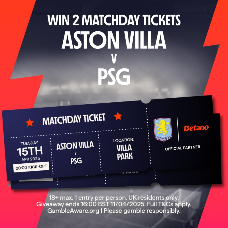 Betano_UK's tweet photo. 🎶 The chaaaampiiiiiooooons 🎶

We're giving away two pairs of matchday tickets to Aston Villa v PSG. 🎟️

To enter:
📲 Follow @Betano_UK
🔁 Like &amp; share this post

#AVFC