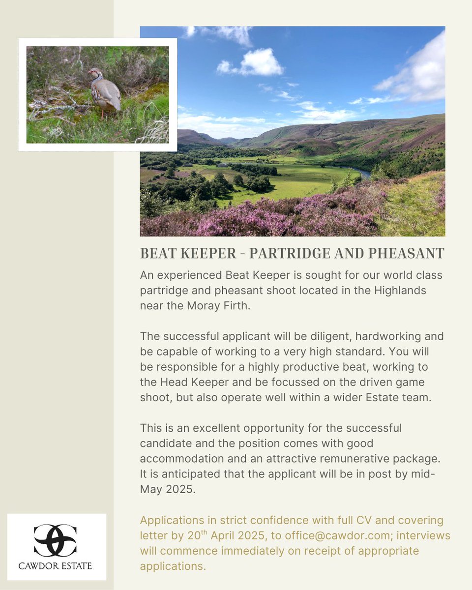 We have a great beat keeper opportunity as we are looking to add to our team!

#jobopportunity #gamekeeping #cawdorestate #beatkeeper