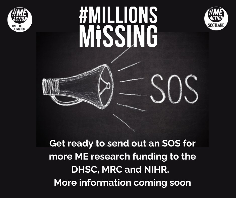 meactionscot's tweet image. Get ready for #MillionsMissing 2025 and to send out your SOS for ME research funding.  More information coming soon.

#MillionsMissing #DisabilitySOS  #pwME #MECFS #LongCovid #MyalgicEncephalomyelitis #DisabilityJustice #disability #spoonie #chronicIllness