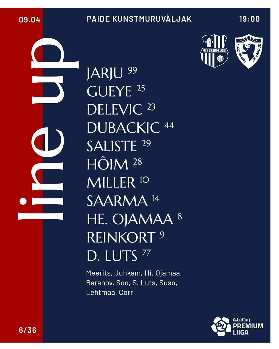 TEAM NEWS: Here is how we line up against Pärnu Vaprus! 

16 year old Henri Lehtmaa earns a place on the bench!