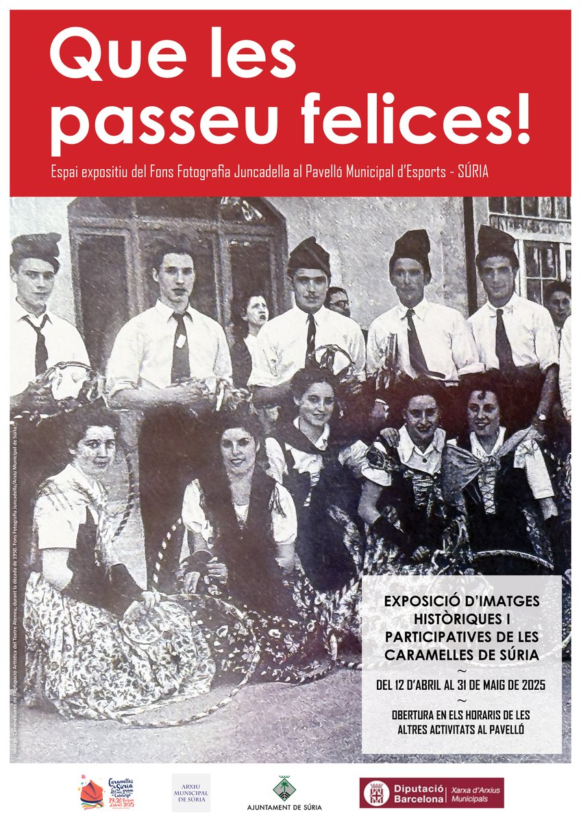 AjdeSuria's tweet photo. Exposició fotogràfica al Pavelló: 'Que les passeu felices!' 
Del 12 d'abril al 31 de maig. Pavelló Municipal d'Esports.
Imatges històriques de les Caramelles, procedents del Fons Fotografia Juncadella, de l'Arxiu Municipal.
https://t.co/8oA35EI3FC https://t.co/9a30tk9UEo