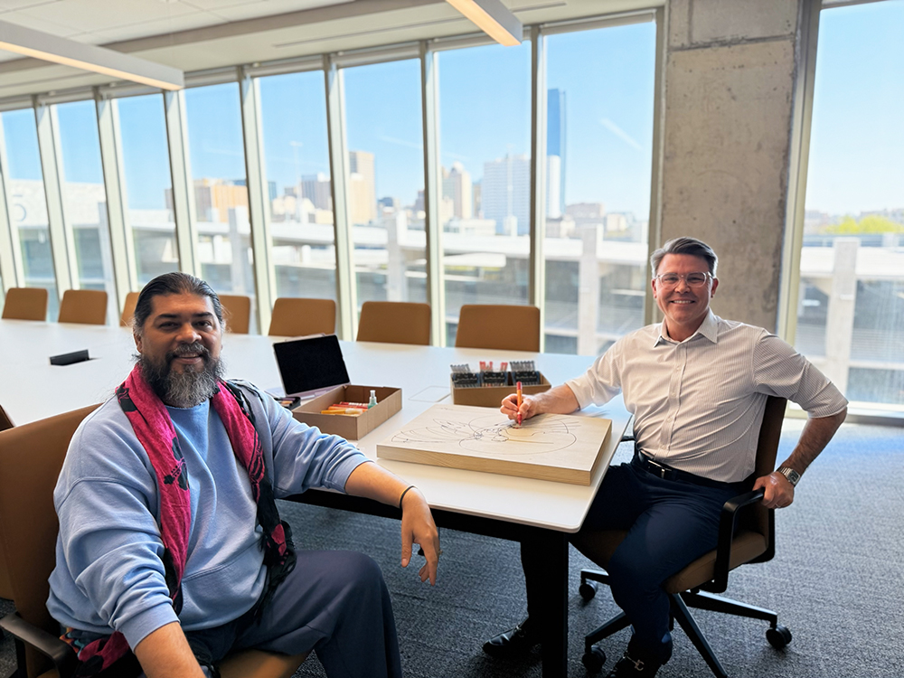 PhillipsMurrah's tweet photo. In a vibrant fusion of law &amp; art, @PhillipsMurrah's Jim Roth teams up w OKC artist DG Smalling to craft original art for the Pro-Am Gallery as part of the upcoming 59th annual Festival of the Arts. Celebrating the power of collaboration to produce inspiring art! @artscouncilokc https://t.co/wqnZzZfU50