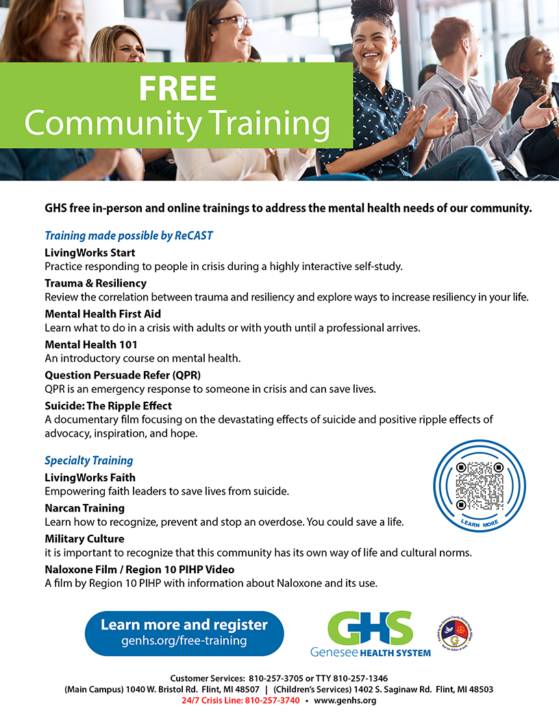Genesee Health System (@genhealthsystem) on Twitter photo Genesee Health System has free courses every month to bring hope, health and resiliency to the community. Open to all. genhs.org/free-training
#mentalhealth #free #community #Training
<a href="/FlintReCAST/">Flint ReCAST</a> Genesee Health System has free courses every month to bring hope, health and resiliency to the community. Open to all. genhs.org/free-training
#mentalhealth #free #community #Training
<a href="/FlintReCAST/">Flint ReCAST</a>