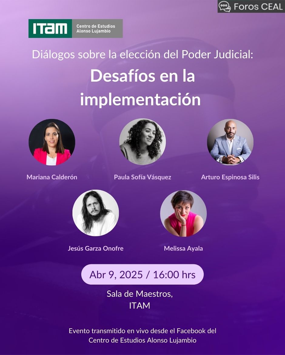 Horacio Vives Segl (@hvivessegl) on Twitter photo 📢#HOY 🗳️⚖️
Jornada de análisis sobre elección judicial en <a href="/ITAM_mx/">ITAM</a>
📍Sala de Maestros
Retos organización ⏰1pm
<a href="/C_Humphrey_J/">Carla Humphrey</a> Arturo Castillo <a href="/HVivesSegl/">Horacio Vives Segl</a>
<a href="/INEMexico/">@INEMexico</a>
Retos implementación⏰4pm
<a href="/garza_onofre/">Tito Garza Onofre</a> <a href="/melissaayala92/">Melissa AG</a> <a href="/EspinosaSilis/">Arturo Espinosa</a> <a href="/Mcalaram/">Mariana Calderon</a> <a href="/pauletta_sofia/">Paula Sofia</a>
<a href="/CentroLujambio/">C.E. Alonso Lujambio</a> 📢#HOY 🗳️⚖️
Jornada de análisis sobre elección judicial en <a href="/ITAM_mx/">ITAM</a>
📍Sala de Maestros
Retos organización ⏰1pm
<a href="/C_Humphrey_J/">Carla Humphrey</a> Arturo Castillo <a href="/HVivesSegl/">Horacio Vives Segl</a>
<a href="/INEMexico/">@INEMexico</a>
Retos implementación⏰4pm
<a href="/garza_onofre/">Tito Garza Onofre</a> <a href="/melissaayala92/">Melissa AG</a> <a href="/EspinosaSilis/">Arturo Espinosa</a> <a href="/Mcalaram/">Mariana Calderon</a> <a href="/pauletta_sofia/">Paula Sofia</a>
<a href="/CentroLujambio/">C.E. Alonso Lujambio</a>