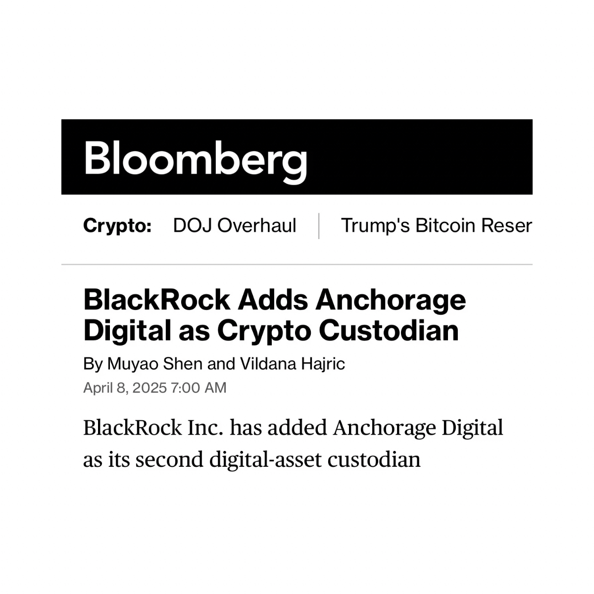 Anchorage's tweet photo. 🗞️ ICYMI, Anchorage Digital, home to the only U.S. federally chartered digital asset bank, has deepened its relationship with @BlackRock to provide digital asset custody in order to meet growing digital asset demand from retail and institutional clients. https://t.co/aG2w5mWLPw