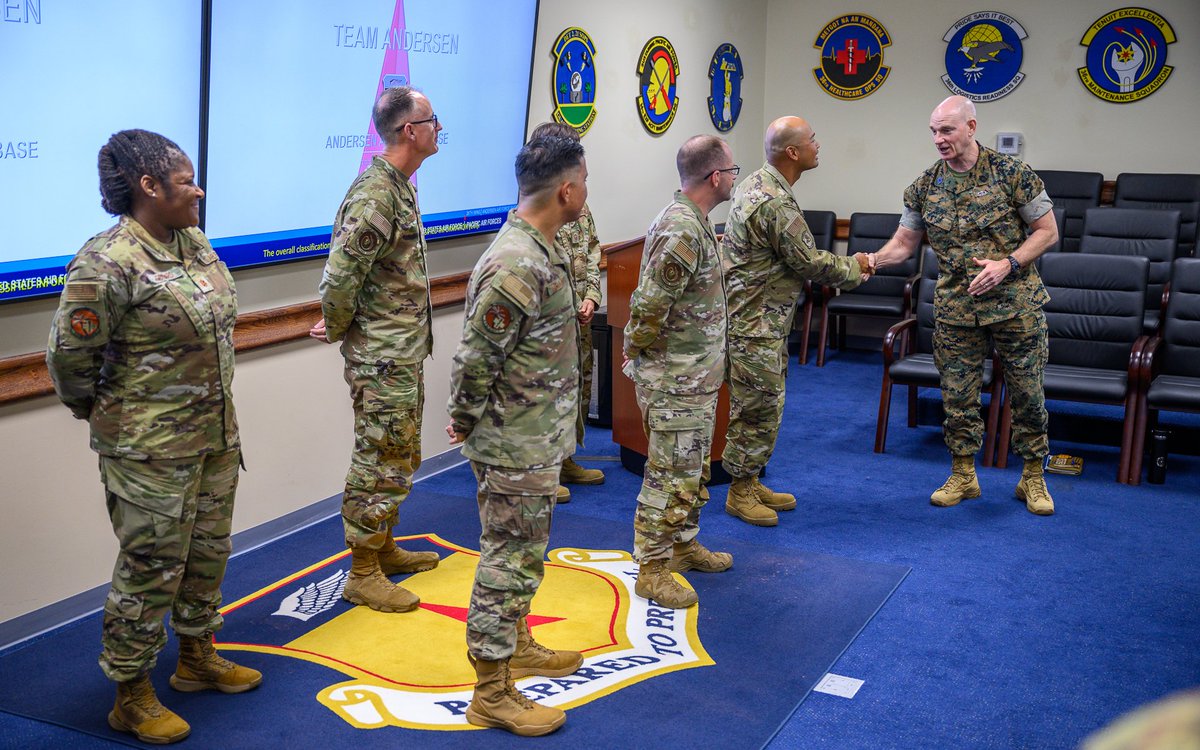 Official_SEAC's tweet photo. Huge thanks to Brig. Gen. Palenske, Chief Hodgin &amp; the Andersen AFB team for the warm welcome. Honored to present SEAC coins to #Airmen overcoming major challenges to keep the mission moving! Guam = U.S. NatSec in action. 🇺🇸 #JointForce #INDOPACOM @usairforce  @DeptofDefense https://t.co/9sVi75QkMP