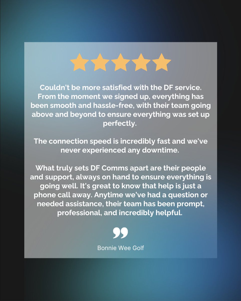 dickflemings's tweet photo. 🤩 Another happy customer!

This kind of feedback from @bonnieweegolf is exactly why we do what we do. 
Powerful connectivity and personal support, right here when you need us.📞💙

Thinking of upgrading your business telecoms? Let's talk, we're not far away! https://t.co/LiU3X8tmzK