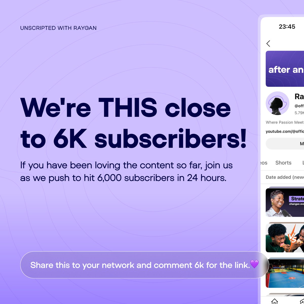 rayganofficial's tweet photo. We’re 181 away from 6,000 subscribers on Youtube!

Join us to hit this milestone by subscribing and sharing to your immediate network as well. 

Kindly repost when you see this and click here to subscribe - https://t.co/OyneTR16D9 https://t.co/YfTGlzI6VH