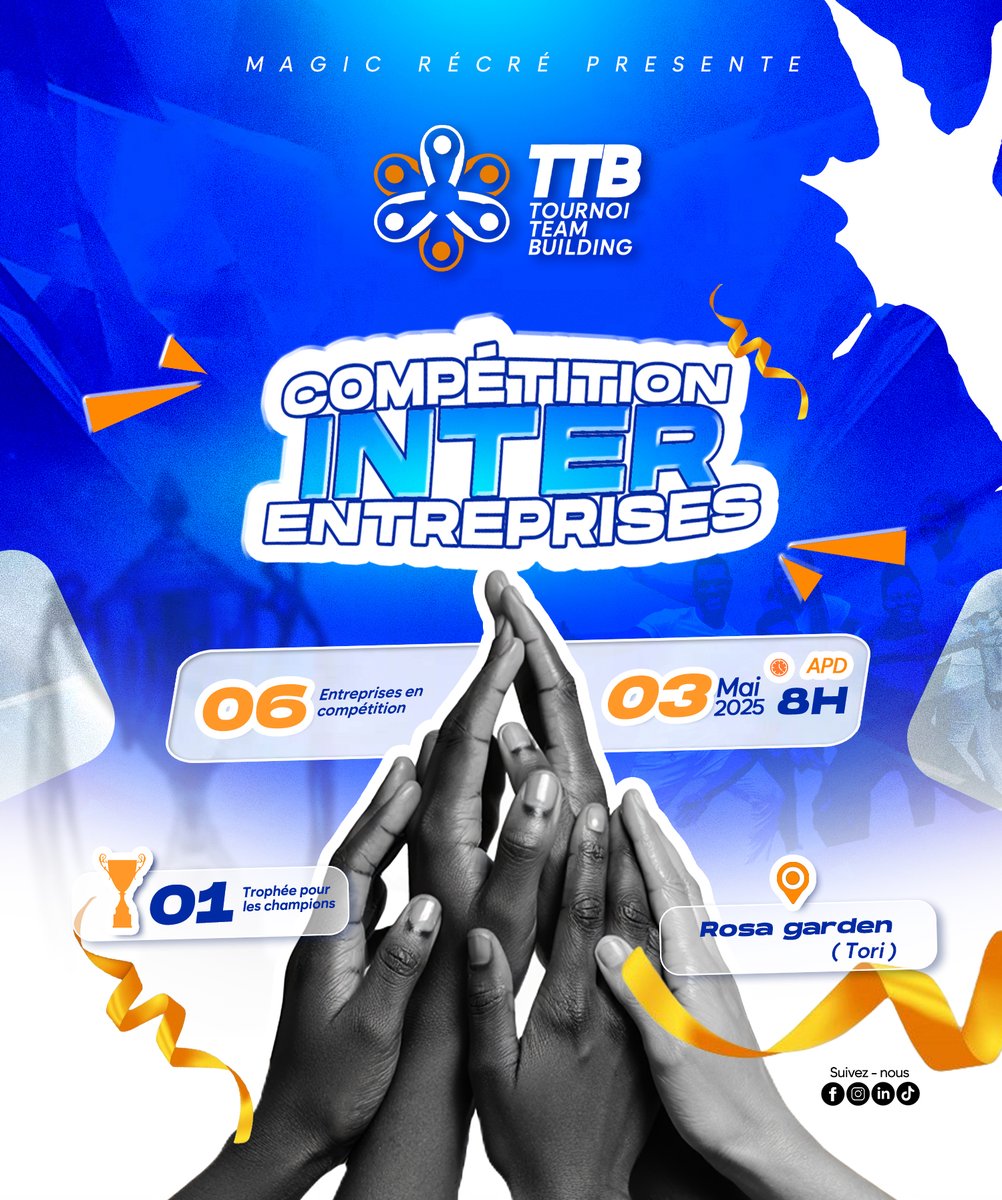 🏆 Tournoi de Team Building Inter-Entreprises ! 🏅

À l'occasion de la fête du travail, Six (06) entreprises seront mises à l'épreuve 🔥

 Alors, quelles sont les entreprises challengers pour notre première édition de TTB ?