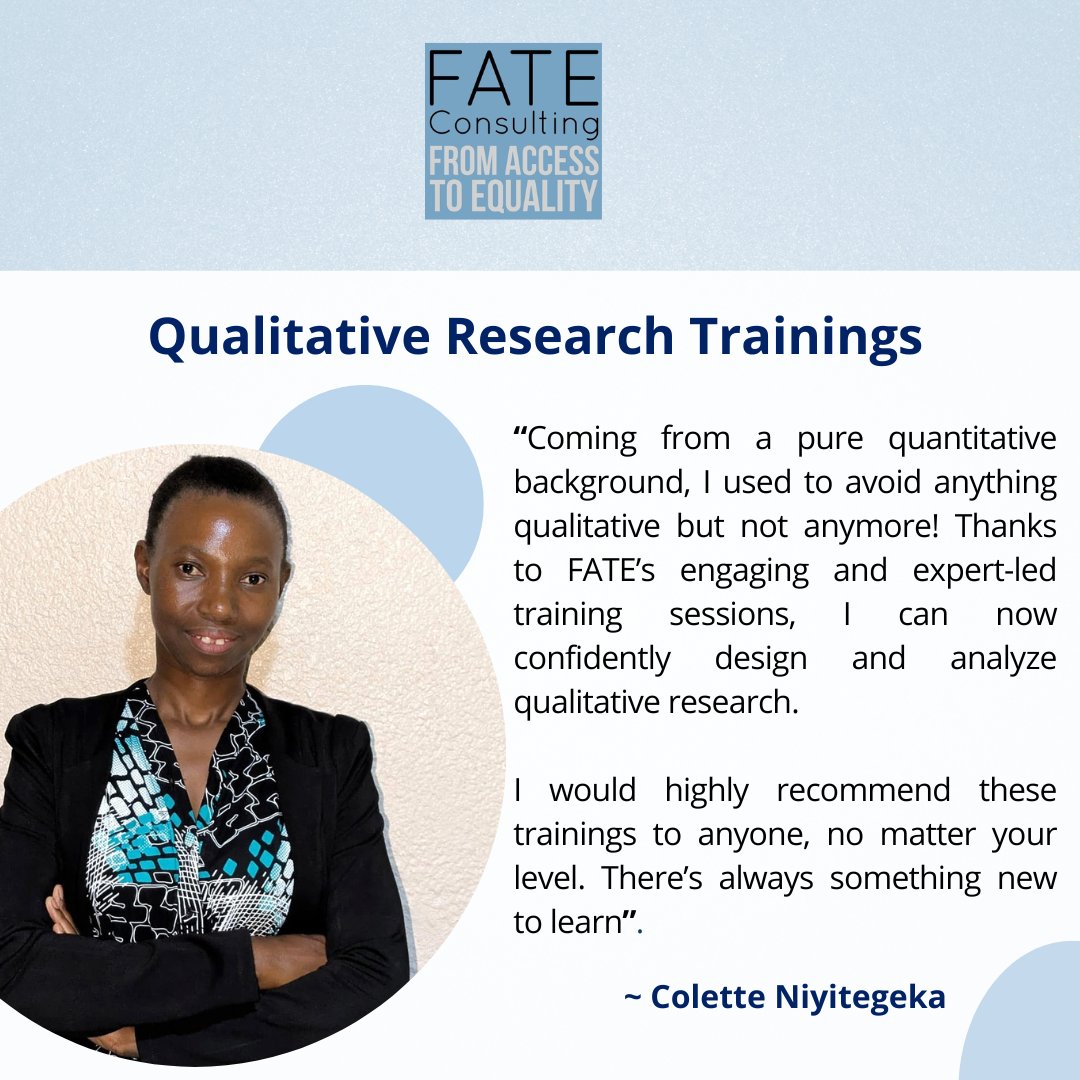 Hear from Colette Niyitegeka, who attended all our Qualitative Research Trainings. 
📅 𝐔𝐩 𝐧𝐞𝐱𝐭: Our 𝐐𝐮𝐚𝐥𝐢𝐭𝐚𝐭𝐢𝐯𝐞 𝐑𝐞𝐬𝐞𝐚𝐫𝐜𝐡 𝐏𝐥𝐚𝐧𝐧𝐢𝐧𝐠 𝐚𝐧𝐝 𝐃𝐚𝐭𝐚 𝐌𝐚𝐧𝐚𝐠𝐞𝐦𝐞𝐧𝐭 is happening this Friday. You can register here: docs.google.com/forms/d/16xvKV…