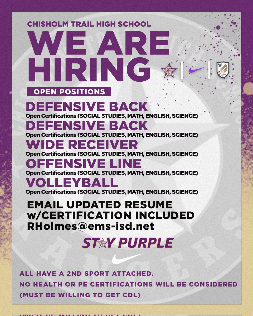 Come be a part of RANGER NATION and be with some of the best students, teachers, administration, and supporting staff in the Ft. Worth area. 

We are looking for highly qualified educators that can Coach and motivate our student-athletes to be the best.