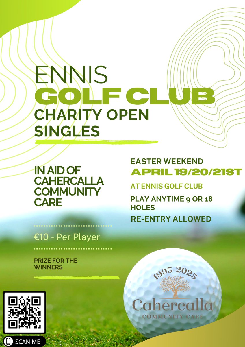 Ennis Golf Club will be hosting a Charity Open Singles competition on the 19th, 20th &amp; 21st April in aid of Cahercalla Community Care. 
€10 per Person. Open to members &amp; non-members,  re-entry is allowed. 9 or 18 Holes.
Book online at visitors.brsgolf.com/ennis#/open-co… or call 065-6824074.