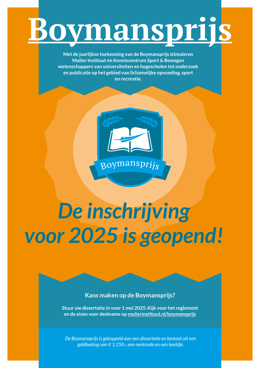 Ben jij of ken jij een onderzoeker die recent een proefschrift heeft afgerond op het gebied van sport, lichamelijke opvoeding en recreatie? Tot 1 mei kun je jouw proefschrift indienen voor de Boymansprijs 2025. 🏆

👉 Meer informatie en aanmelden: bit.ly/3REOr1s