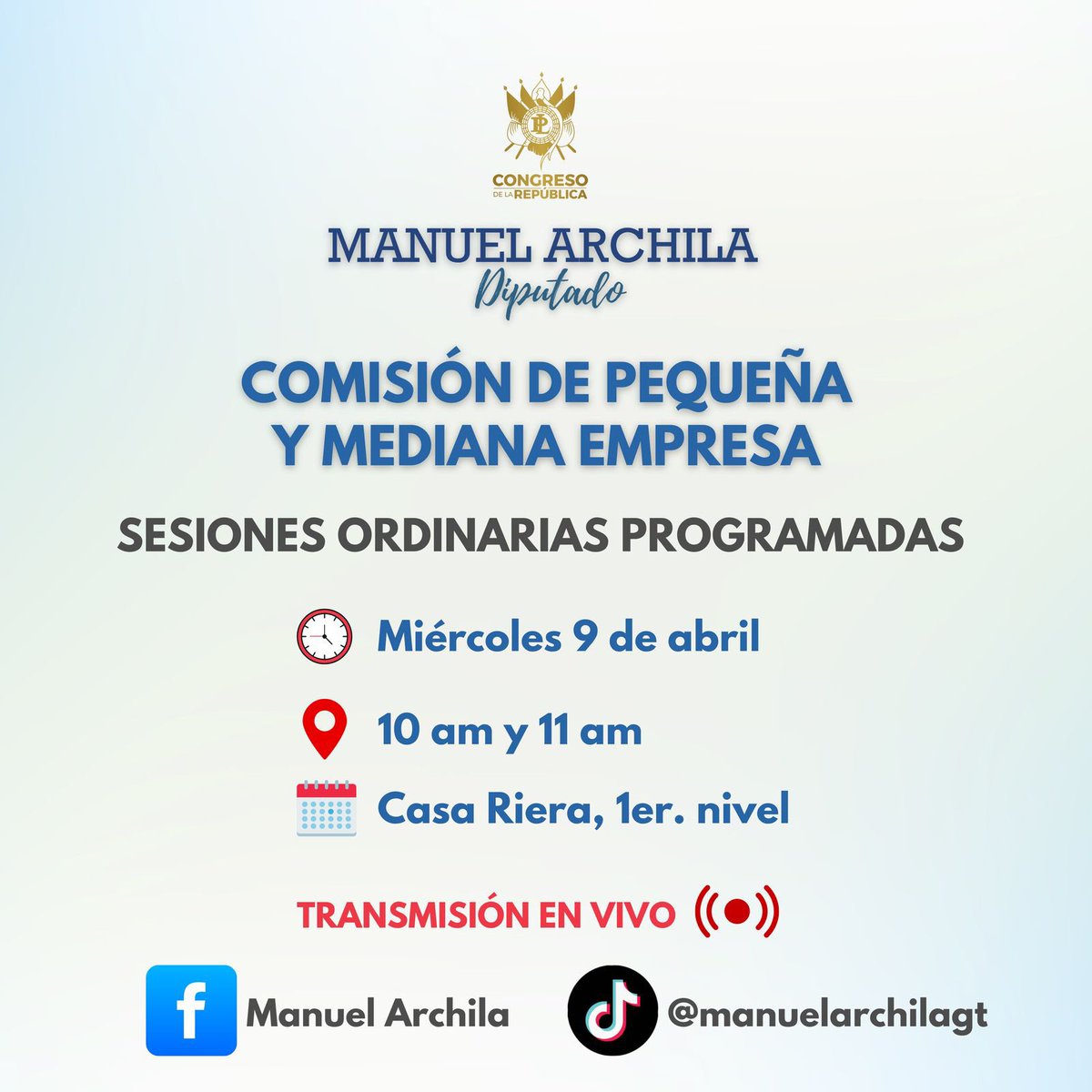 ManuelArchilaGT's tweet photo. #ahora estaremos participando en la sesión de trabajo de la comisión de pequeña y mediana empresa les invitamos a que nos acompañen, a partir de las 10am. 

#Xlegislatura 
#Comision 
#manuelarchiladiputado https://t.co/yi7pogxZqt