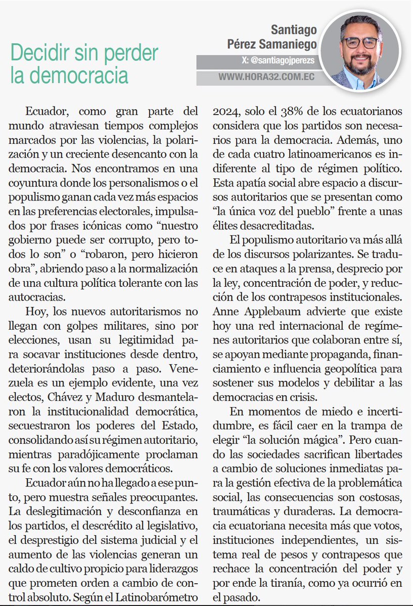 La democracia no se pierde de golpe, se debilita desde dentro.

En mi columna para <a href="/HORA32LOJA/">HORA32</a> se  analizo cómo los nuevos autoritarismos ganan terreno y por qué Ecuador debe fortalecer sus instituciones antes de que sea tarde.

📰 Léelo aquí 👉 hora32.com.ec/decidir-sin-pe…
