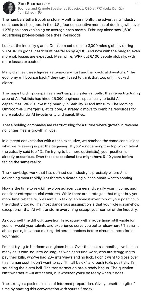 This is perhaps the most important thing anyone in the marketing/advertising industrial complex with 10+ years of experience can read in the current moment. Not exaggerating.

Zoe unfortunately isn't on Twitter anymore (one of many who I admire who have left the platform).
