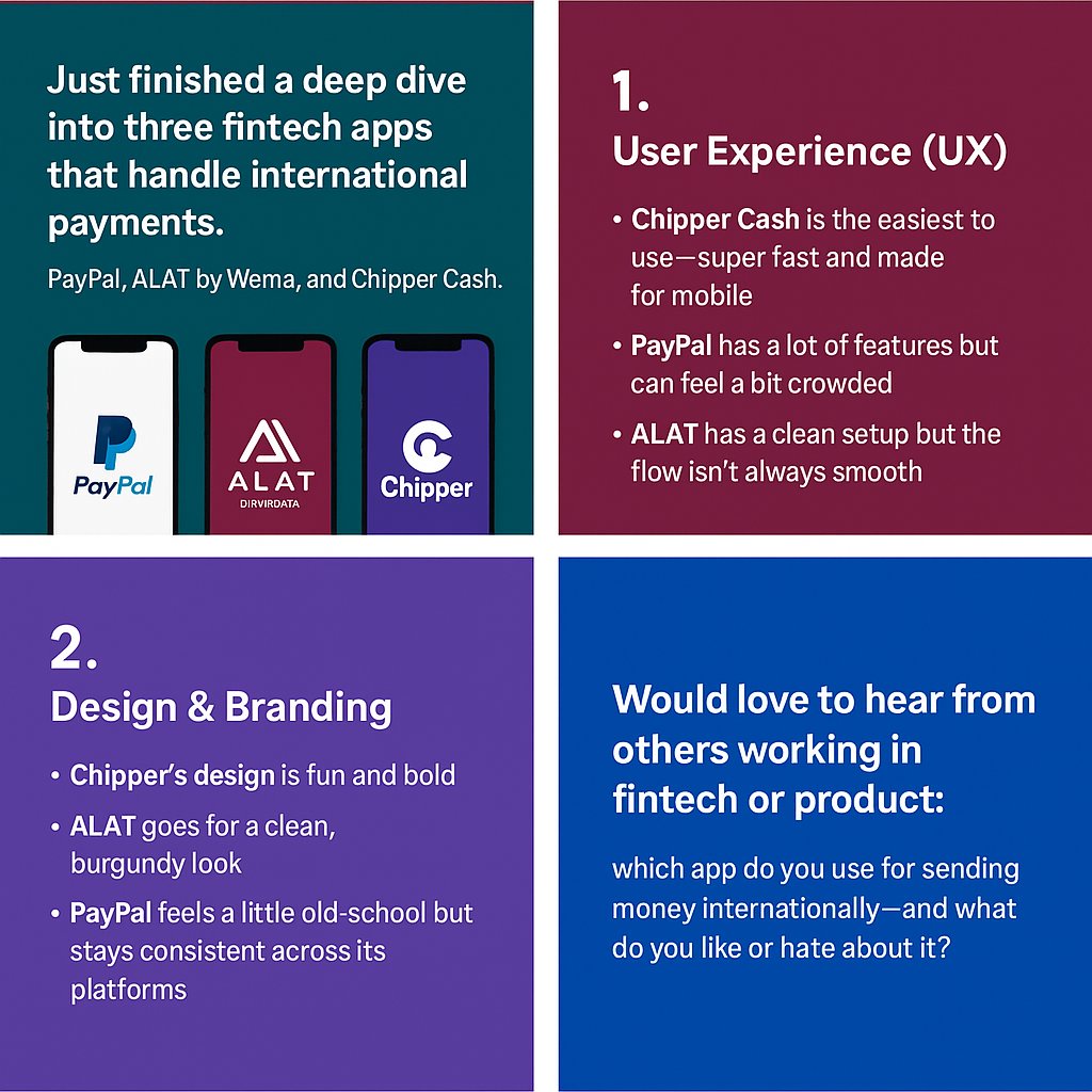 sleekdesigner1's tweet image. Just wrapped up a fintech competitive analysis task from @Joe_brendan_ bootcamp!

Compared PayPal, ALAT by Wema &amp;amp; Chipper Cash on UX, features, and user feedback.
Chipper wins on simplicity. PayPal has the reach. ALAT is clean but needs polish.

#DevaDesign #UXDesign #Fintech