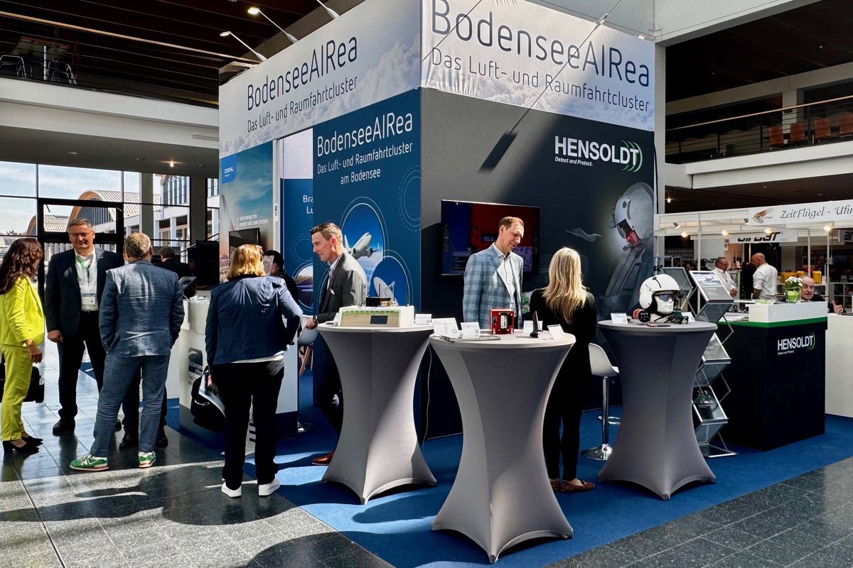 hensoldt's tweet photo. Greetings from #AeroFriedrichshafen at Lake Constance, where @HENSOLDT presents its #avionics portfolio as member of the local network #BodenseeAIRea. For 3 days, visitors learn more about products such as our laser safety glasses #VisAIRion or the #SferiRec crash recorders. https://t.co/llhqy2zi9B