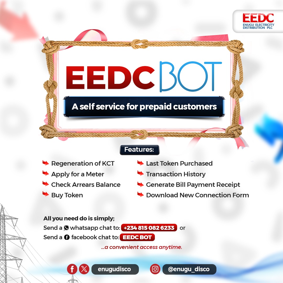 Prepaid customers can now send "100" to the EEDC Bot via WhatsApp or on Facebook to get started with the self service.