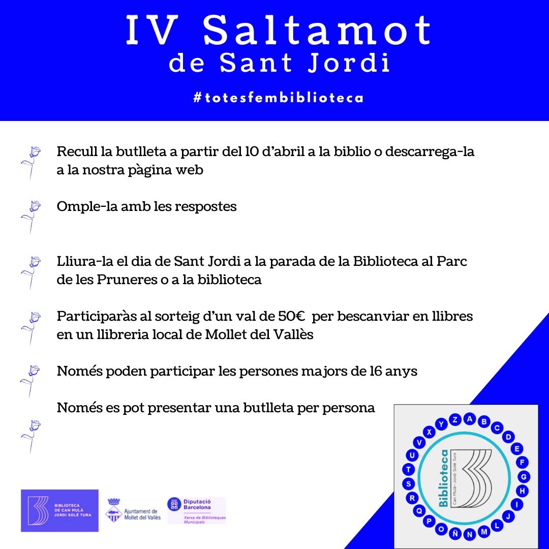 L'estàveu esperant i ja el teniu aquí, el #saltamot! Podeu descarregar-vos la graella a l'enllaç ⬇️ o recollir-la a la biblio. Teniu fins la Diada de Sant Jordi per lliurar-la #totesfembiblioteca #santjordi2025

Graella ⬇️⬇️⬇️ es.scribd.com/document/84803…
