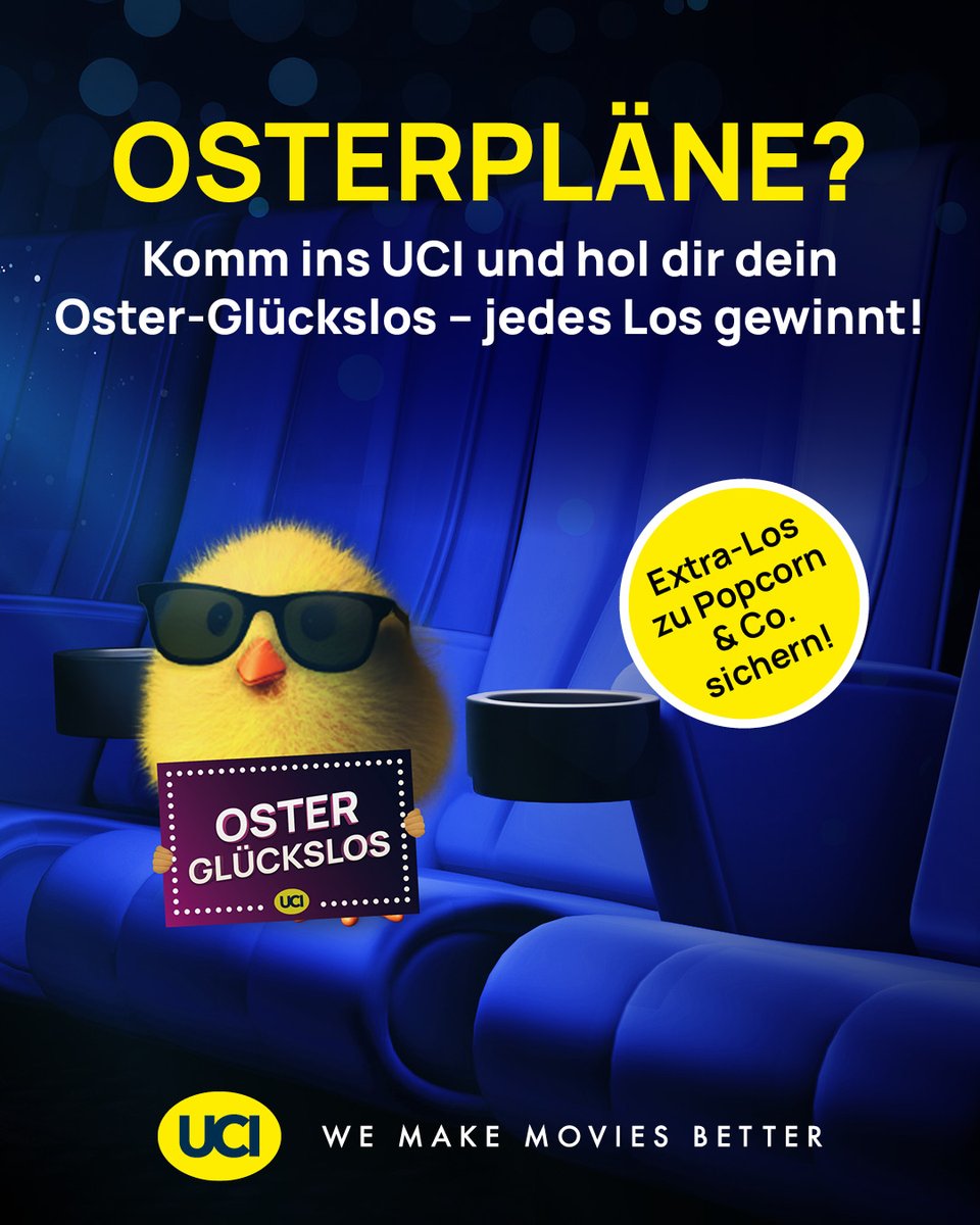 ucikinode's tweet image. #OSTERN im UCI 🐥❤️🎥 Vom 14. bis 21. April erhaltet ihr bei uns gegen Vorlage eures Kinotickets ein Oster-Glückslos. Jedes Los gewinnt - jetzt Tickets sichern: uci.plus/Ostern
Für doppeltes Losglück sichert euch leckere Snacks 🍿 Alle Infos: uci.plus/Ostern_Info
