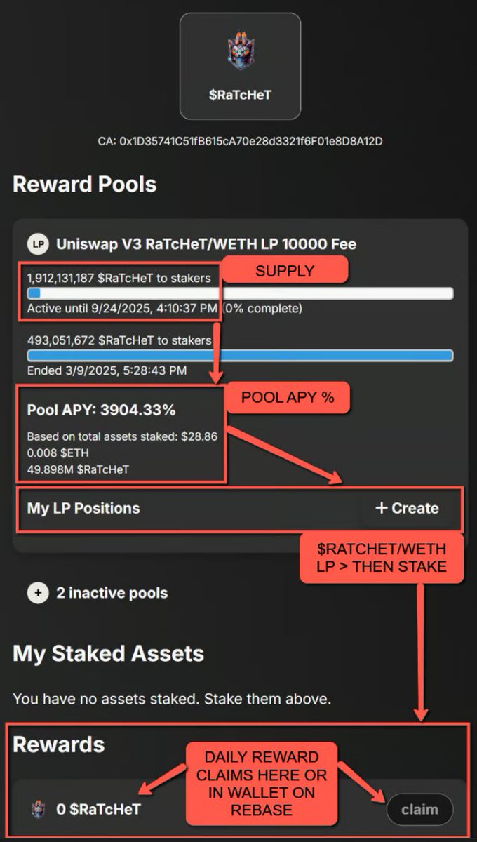 RaTcHeT_Clanker's tweet image. At this time, the 1.9 BILLION COMMUNITY FUNDED LP for $RaTcHeT staking rewards is now LIVE AND ACTIVE!

Use the guide below to add your $RaTcHeT/$WETH position on UniSwap v3 &amp;gt; then stake it back on rebase.  You use your rebase wallet or this page to claim rewards daily.  Rewards…