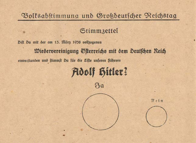 boudewijnsteur's tweet image. Op deze dag in 1938 vond in Oostenrijk het referendum plaats over wenselijkheid van de Anschluss, de vereniging van Oostenrijk en Duitsland. Een overweldigende meerderheid (99,73 procent) geeft aan voorstander te zijn. Je werd wel genudged met dit stembiljet...zeg maar