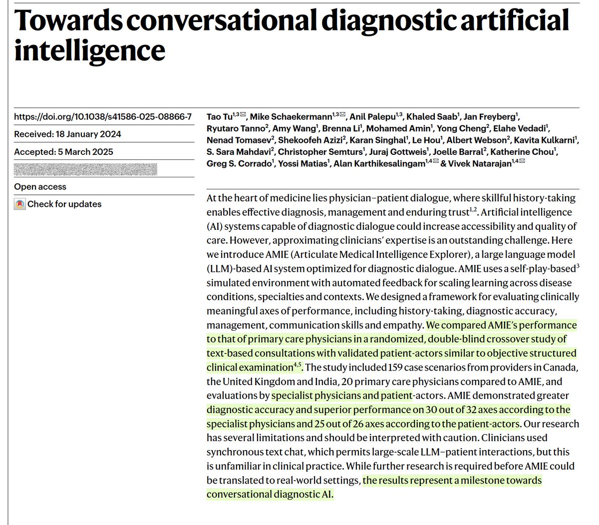 Eric Topol (@erictopol) on Twitter photo 2 important papers <a href="/Nature/">nature</a> today indicate the potential for #AI to improve diagnostic accuracy and overall clinical performance for patient management and interactions <a href="/GoogleDeepMind/">Google DeepMind</a> <a href="/vivnat/">Vivek Natarajan</a> <a href="/danmcduff/">Daniel McDuff</a> <a href="/taotu831/">Tao Tu</a> <a href="/alan_karthi/">Alan Karthikesalingam</a>
nature.com/articles/s4158… 2 important papers <a href="/Nature/">nature</a> today indicate the potential for #AI to improve diagnostic accuracy and overall clinical performance for patient management and interactions <a href="/GoogleDeepMind/">Google DeepMind</a> <a href="/vivnat/">Vivek Natarajan</a> <a href="/danmcduff/">Daniel McDuff</a> <a href="/taotu831/">Tao Tu</a> <a href="/alan_karthi/">Alan Karthikesalingam</a>
nature.com/articles/s4158…